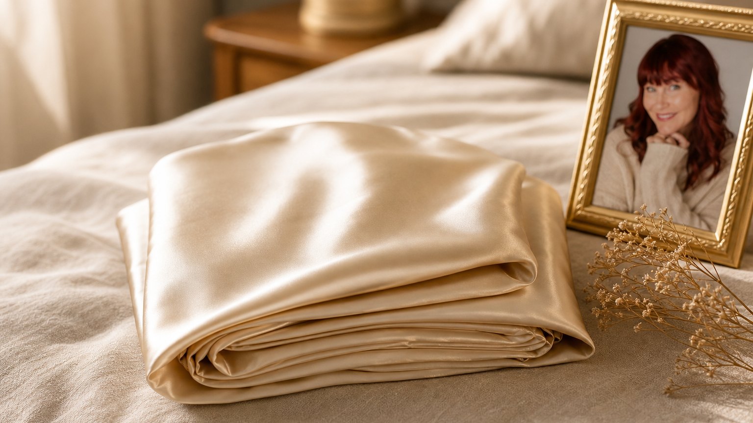 Ivory silk pillowcases with golden sheen styled on a bed beside a gold photo frame.