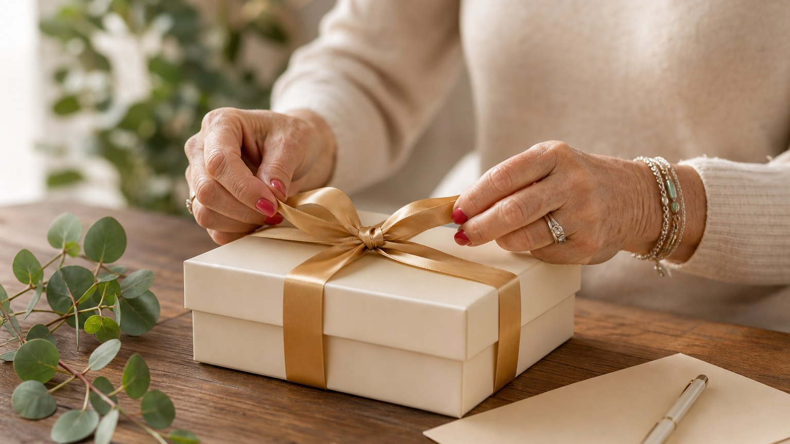 Hands tying a gold ribbon on a cream anniversary gift box with a handwritten card.