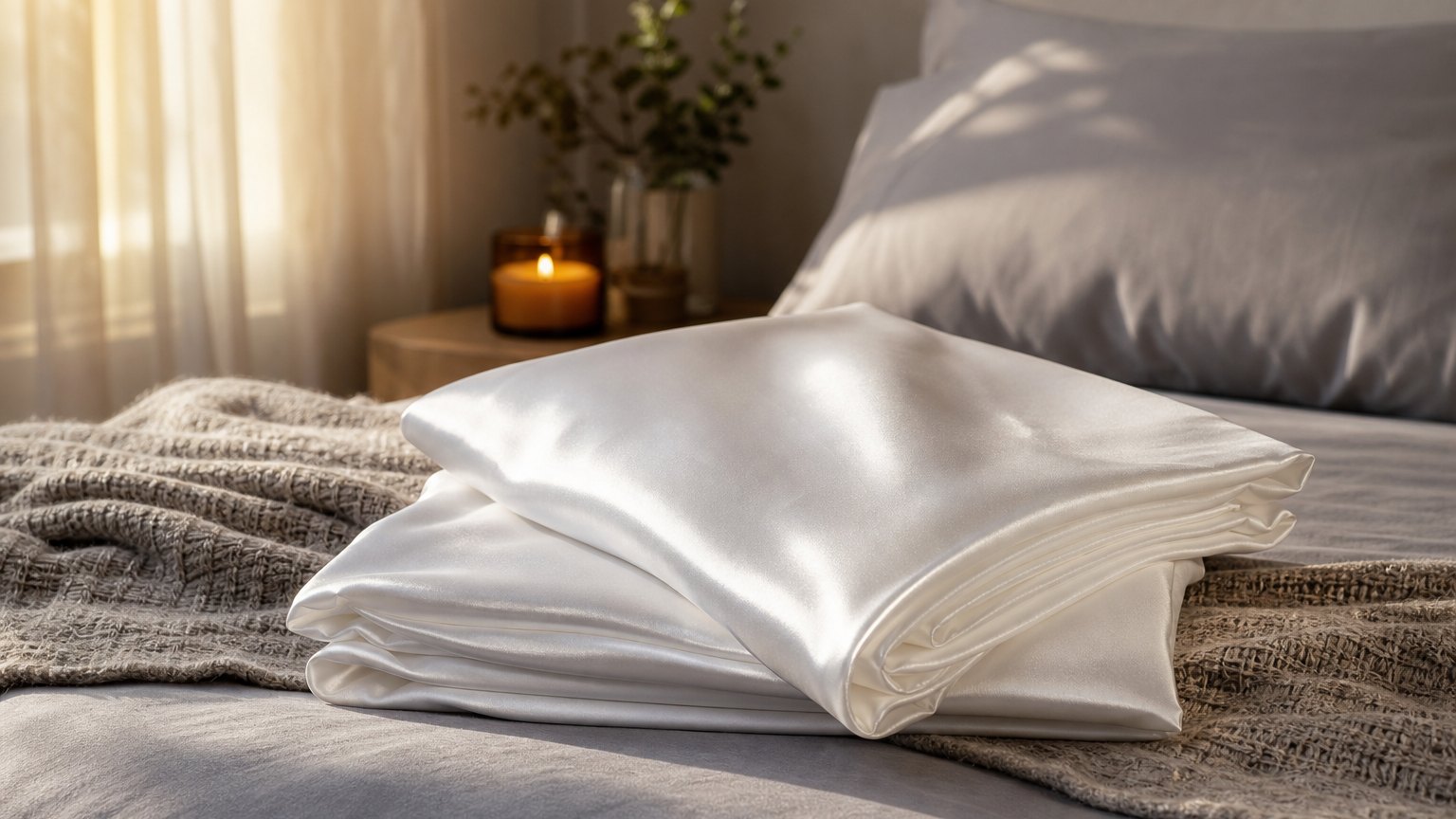 Two folded white silk pillowcases on a styled bed with a candle and knit throw.