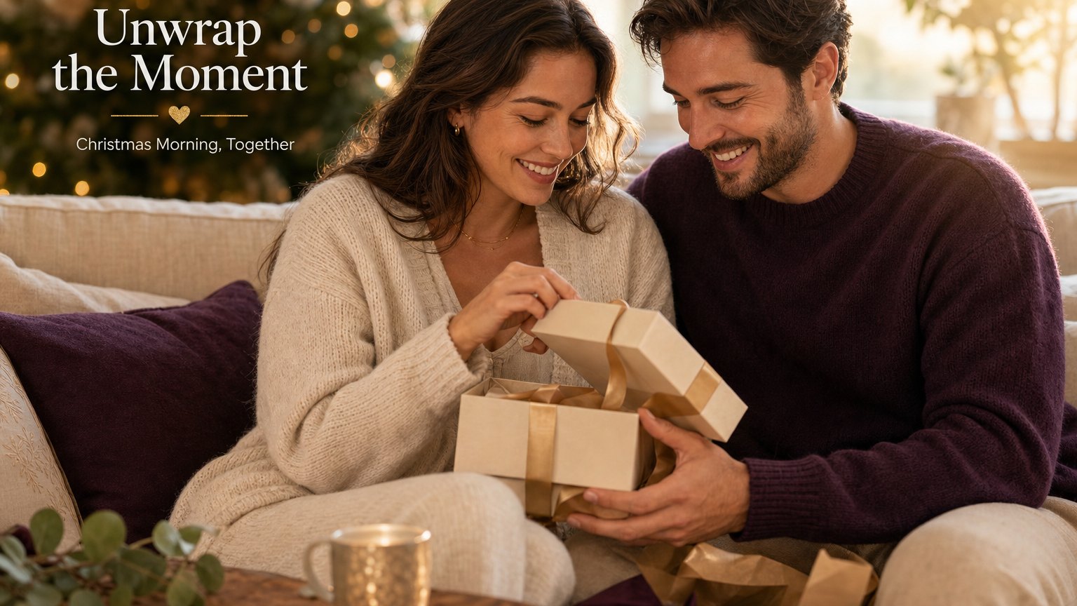 Couple opening one shared Christmas gift box together on Christmas morning by the tree.