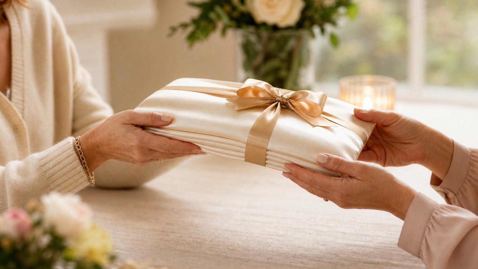 Hands giving a ribbon-tied white silk pillowcase set as a gift.