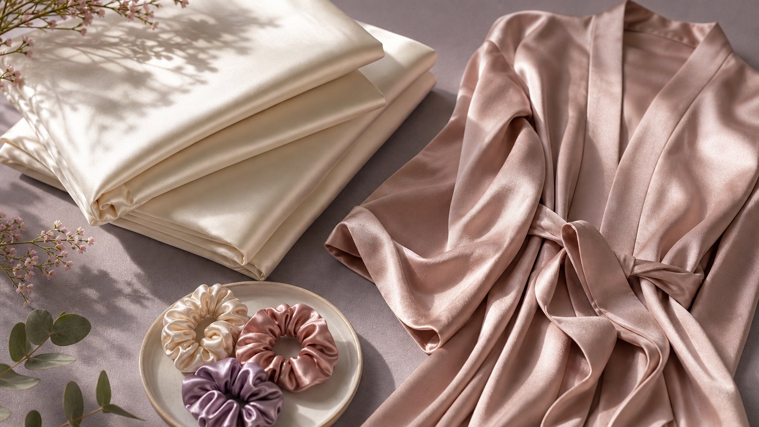Silk pillowcases, silk robe and silk scrunchies arranged as premium gift options.