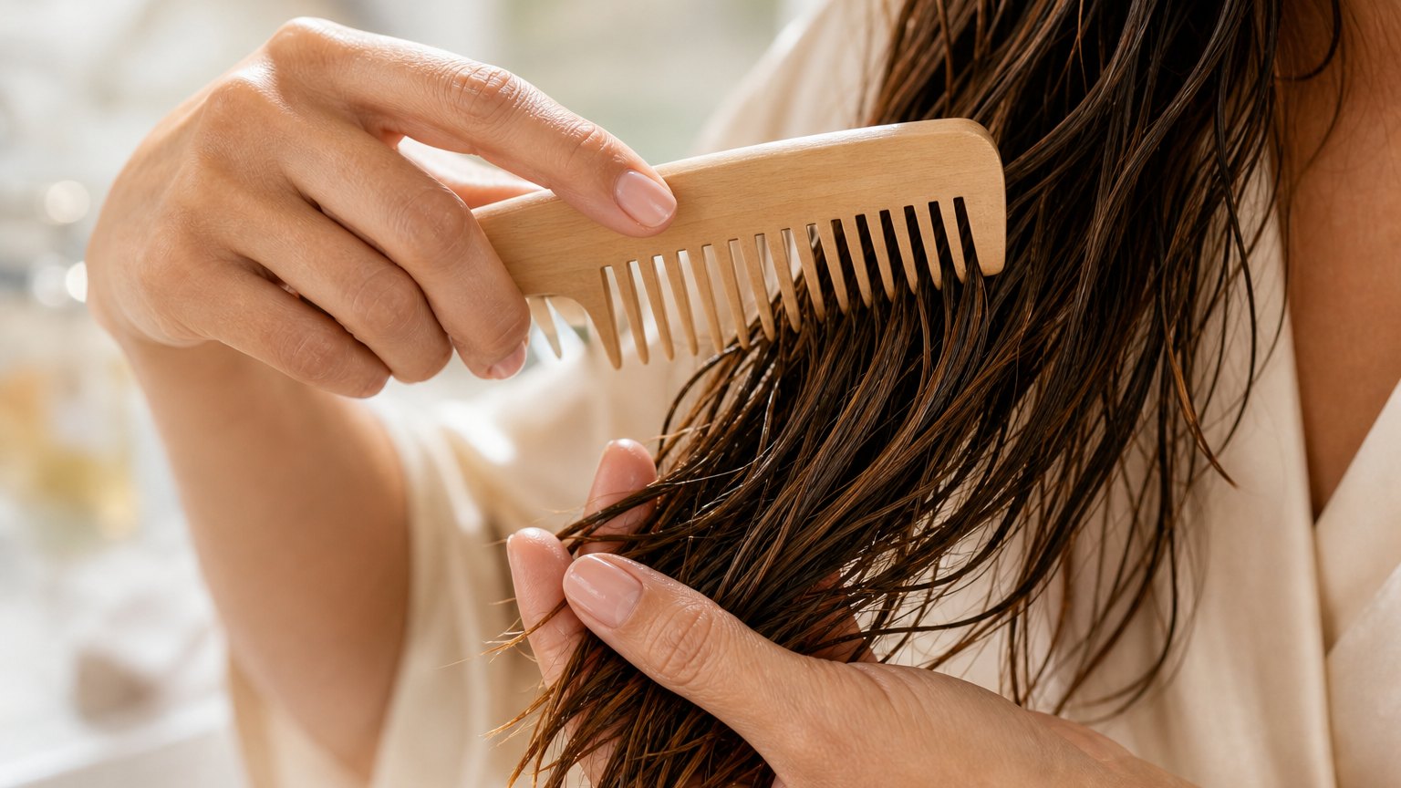 Hands using a wide-tooth comb to gently detangle the ends of damp wavy hair.