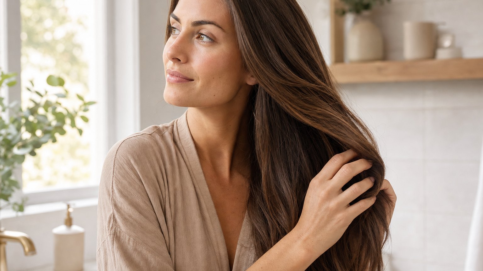 Woman running fingers through long healthy hair in soft morning bathroom light.