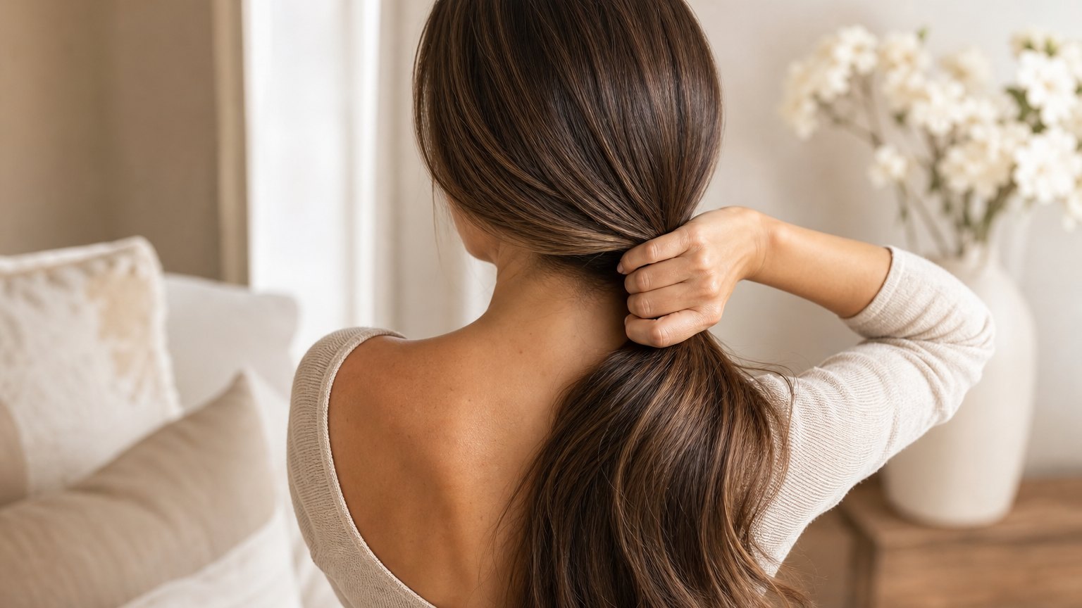 Back view of a woman gathering long, glossy, tangle-free healthy hair over her shoulder.