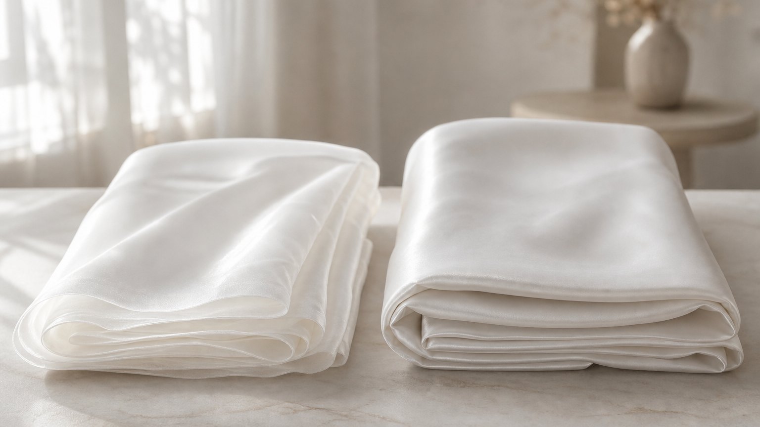 Lighter 22 momme and denser 30 momme white silk pillowcases folded side by side.