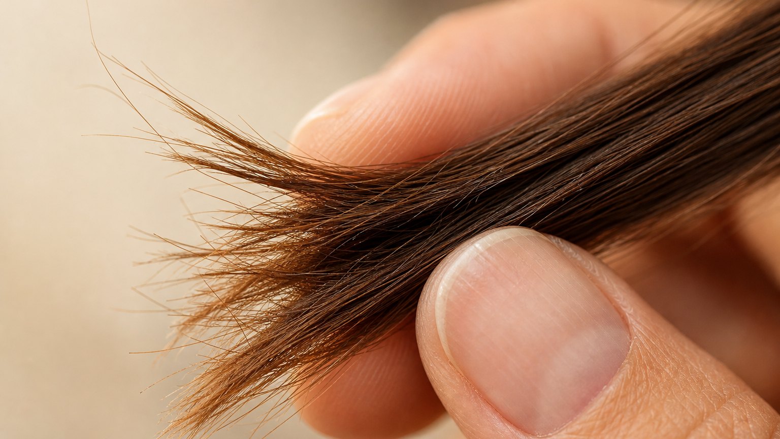 Macro close-up of long brown hair showing split and broken ends held between two fingers.