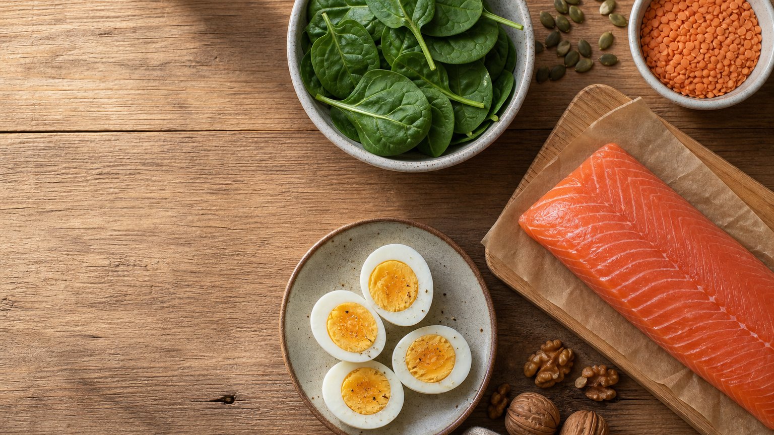 Overhead view of eggs, salmon, spinach, lentils and seeds on a wooden table in soft daylight.