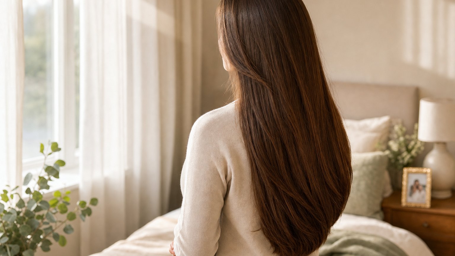 Woman with long, glossy, healthy hair standing by a bright bedroom window in soft morning light.