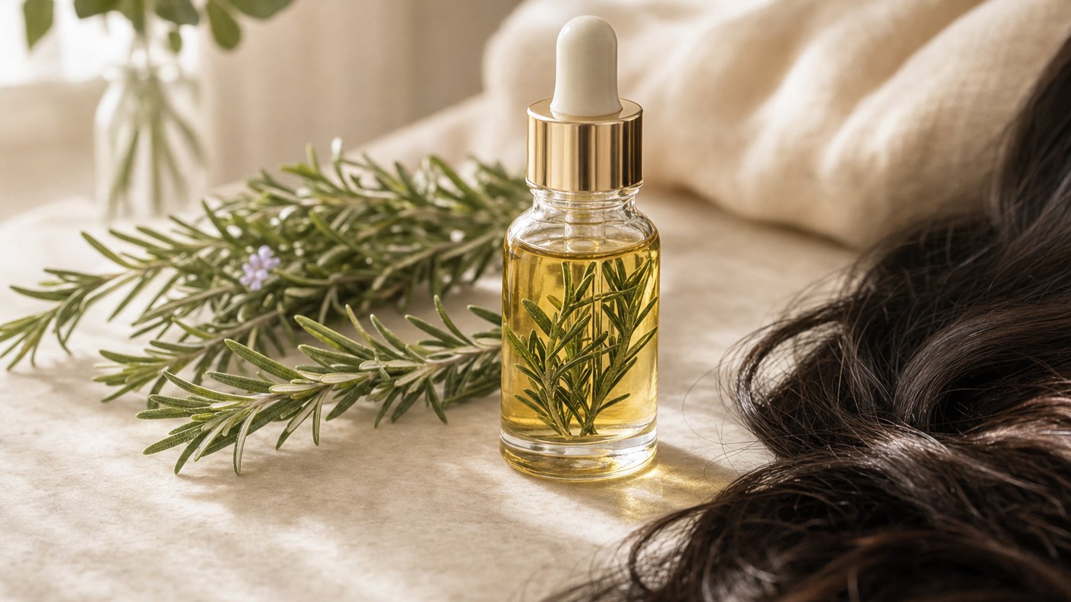 Glass dropper bottle of rosemary oil beside fresh rosemary sprigs and a lock of healthy hair.