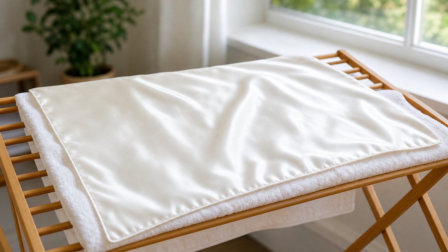 White silk pillowcase laid flat on a towel to air dry beside a bright window.