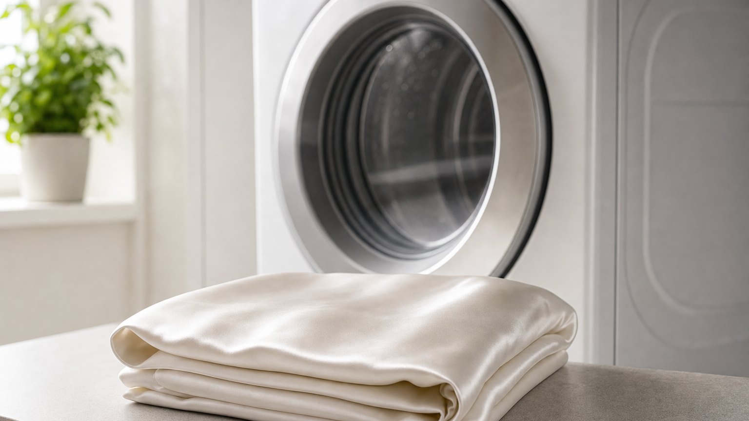 White silk pillowcase resting on a closed tumble dryer in soft daylight.