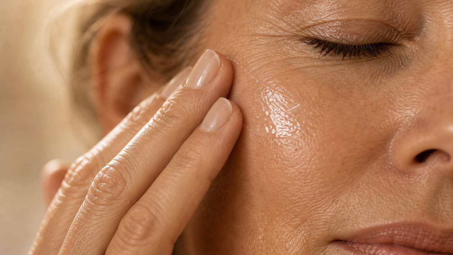 Close-up of fingertips pressing a thin layer of occlusive balm onto a cheek.