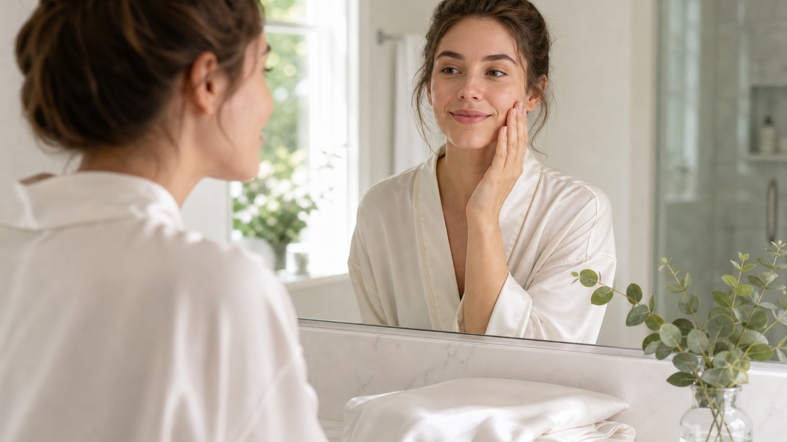 Woman checking her hydrated morning skin at a mirror beside a white silk pillowcase.