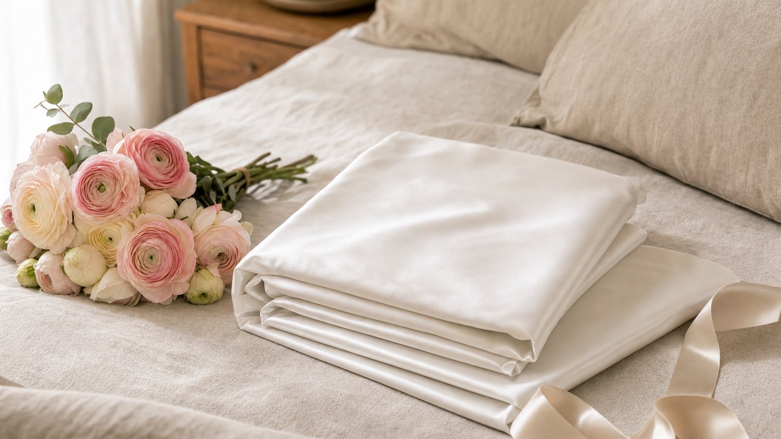 Folded white silk pillowcase set beside soft pink flowers on a bed as a Mother's Day gift