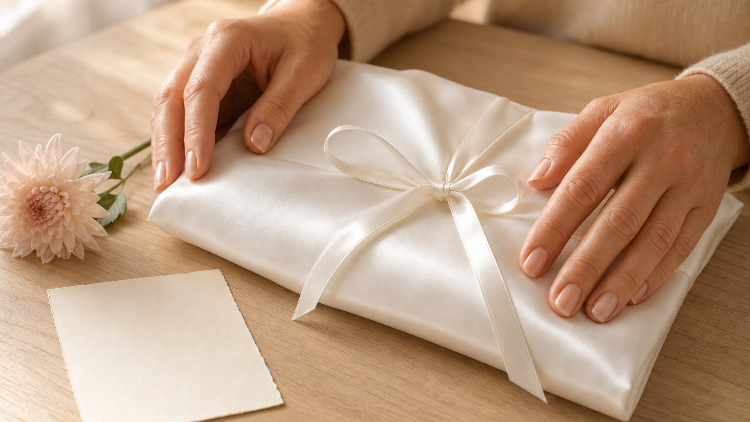 Hands smoothing a ribbon-tied white silk pillowcase beside a blank card and flower