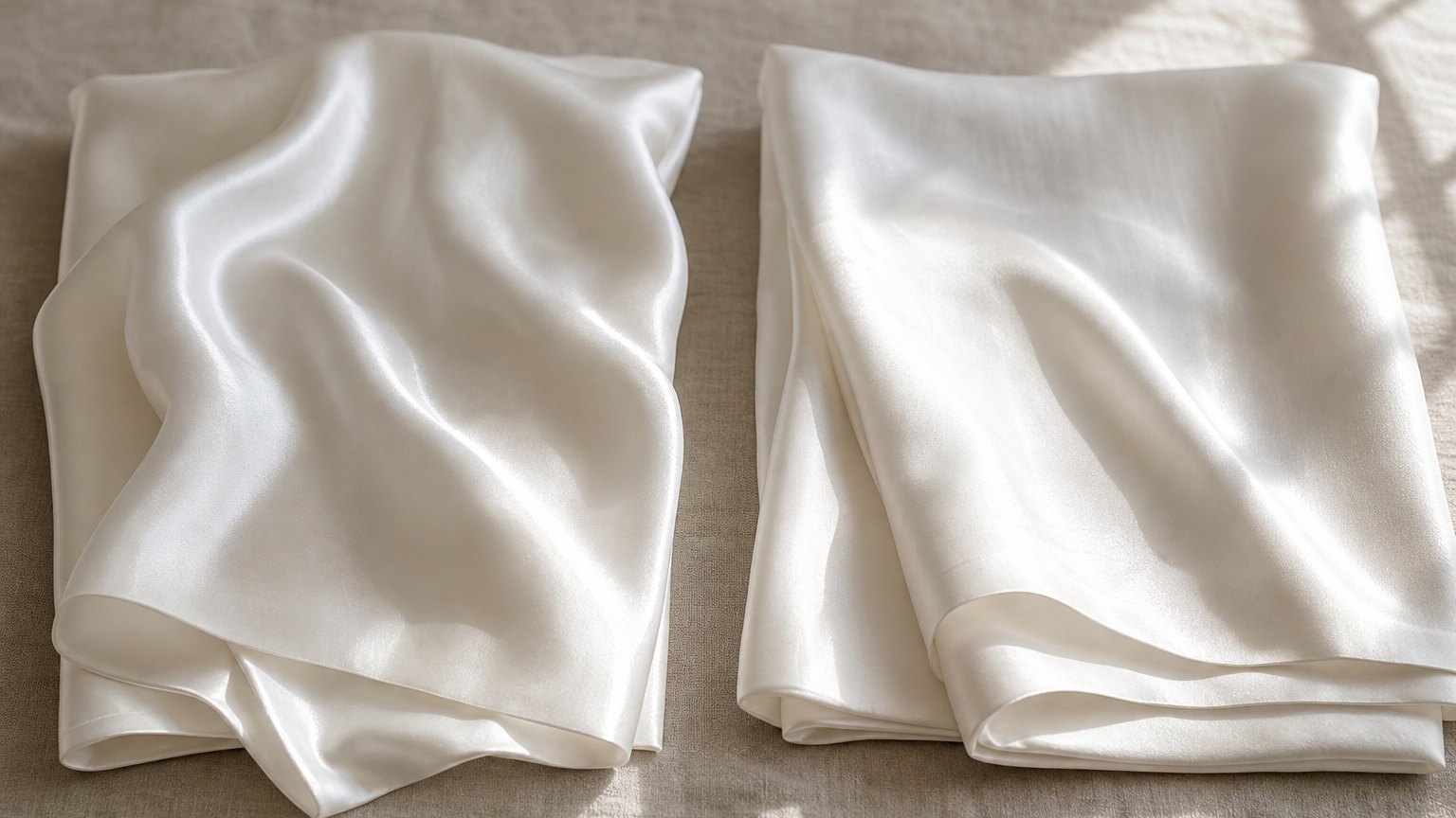 Two white silk pillowcases side by side showing different weight and drape.