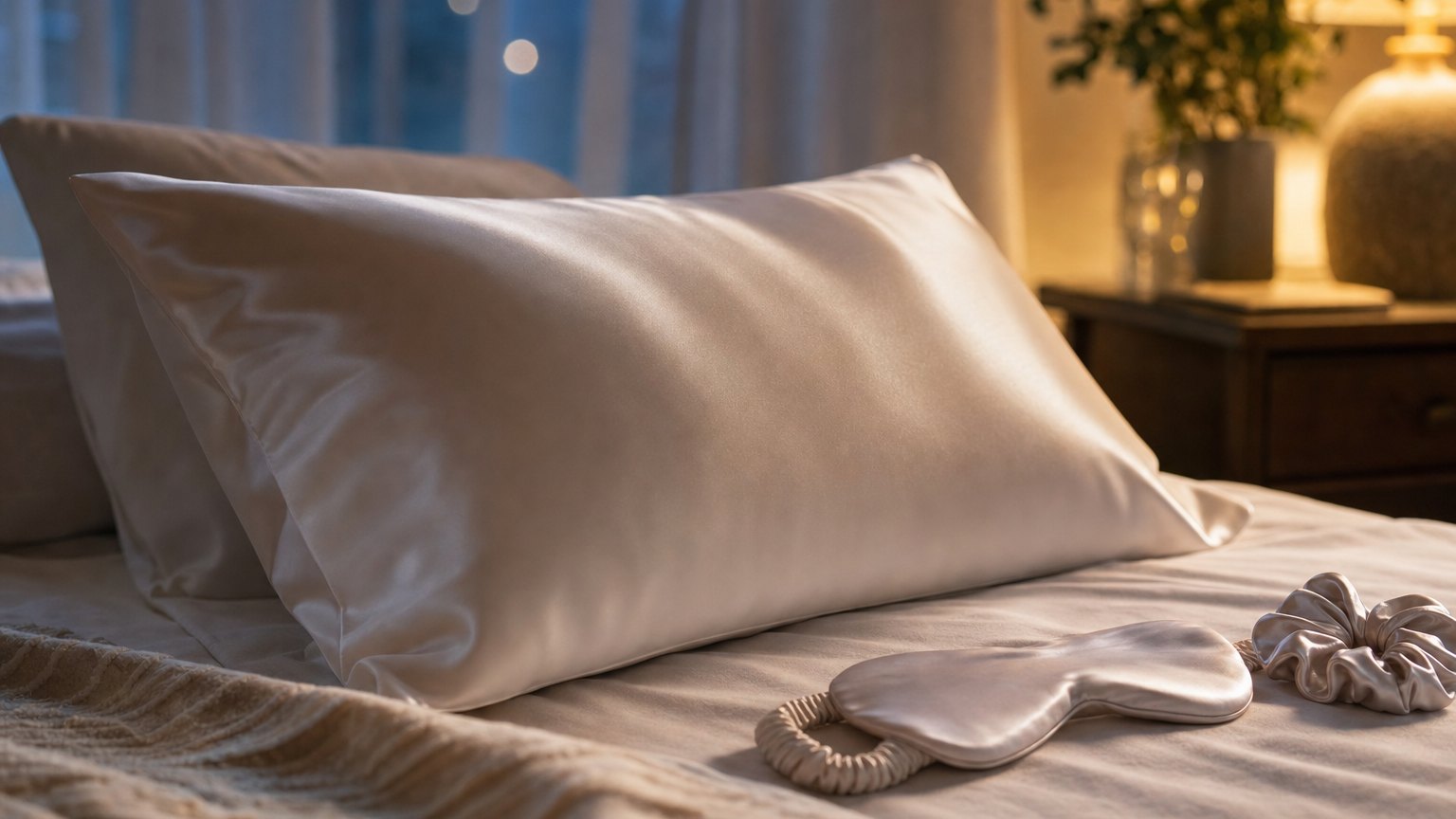 White silk pillowcase, sleep mask and scrunchie on a bed in soft evening light.