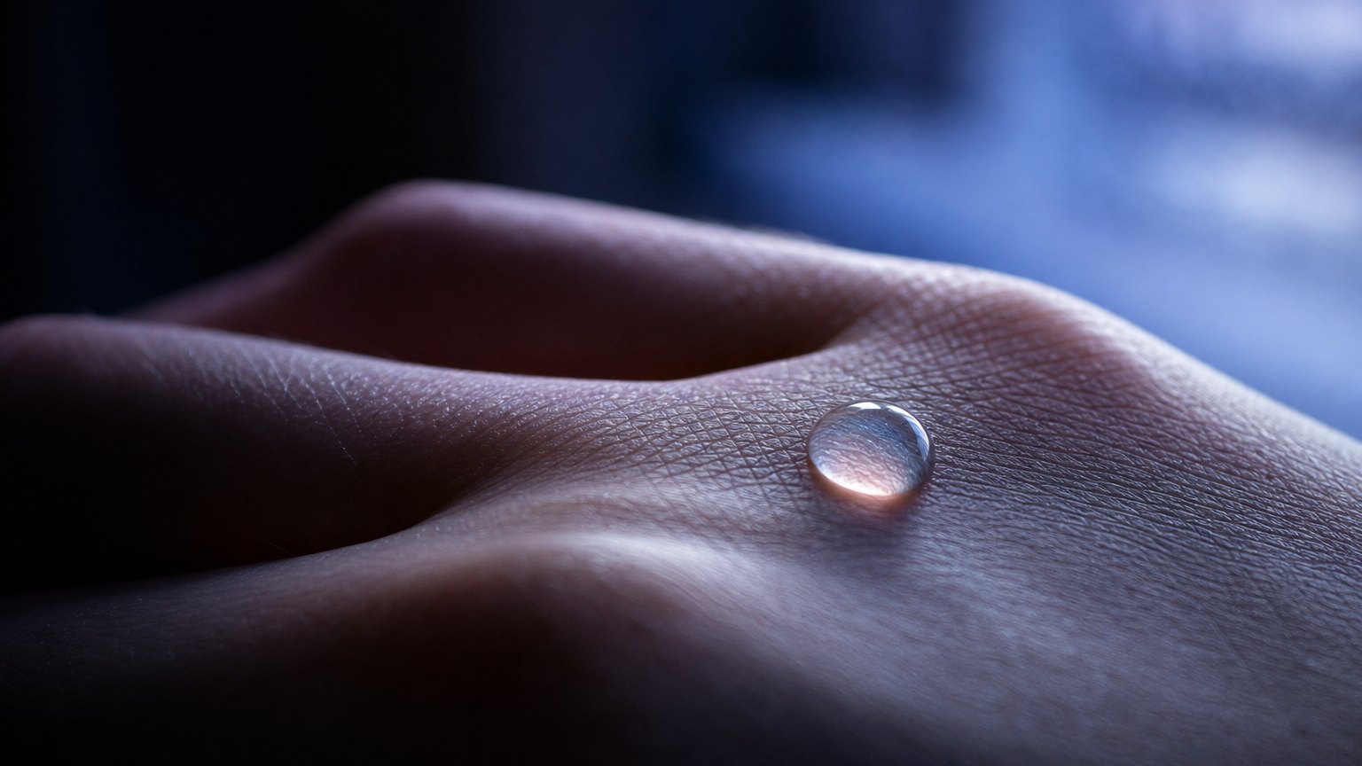 Water droplet on hydrated skin in cool evening light.