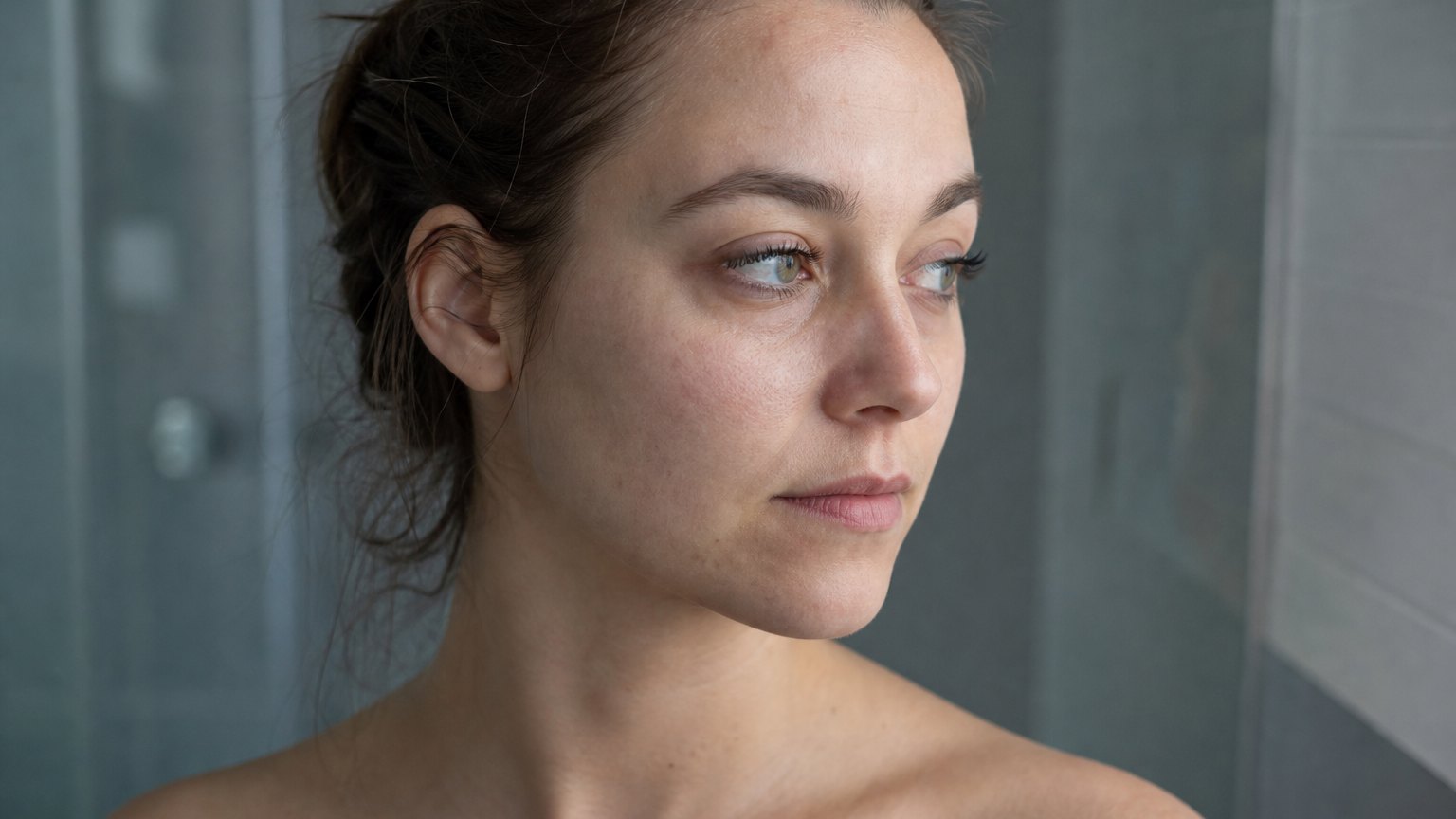 Tired woman with faint under-eye shadows in morning light.