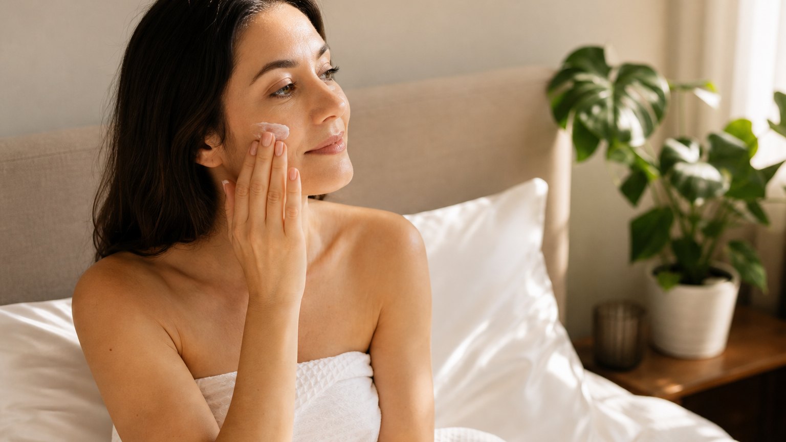 Woman applying moisturiser in bed beside a white silk pillowcase.