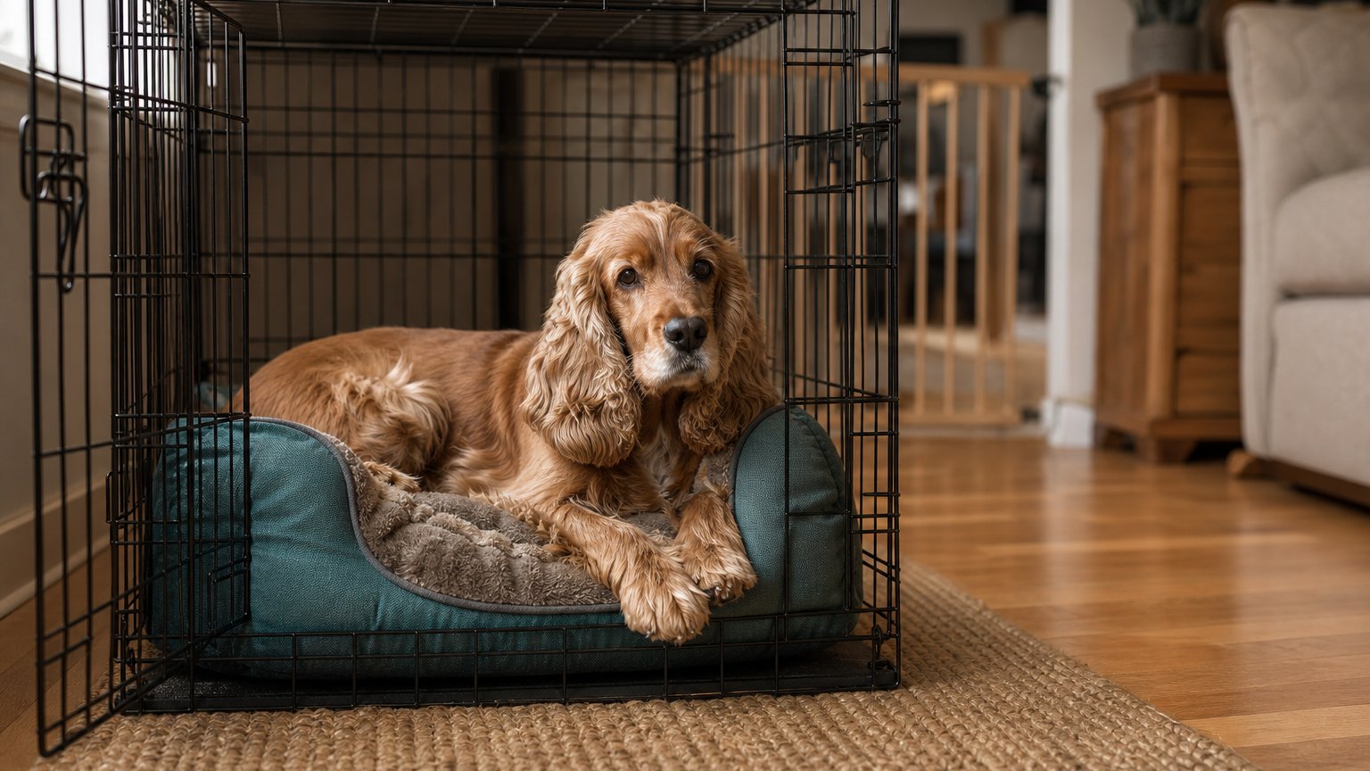 Calm spaniel resting in an open crate on a padded bed in a safe home recovery setup.