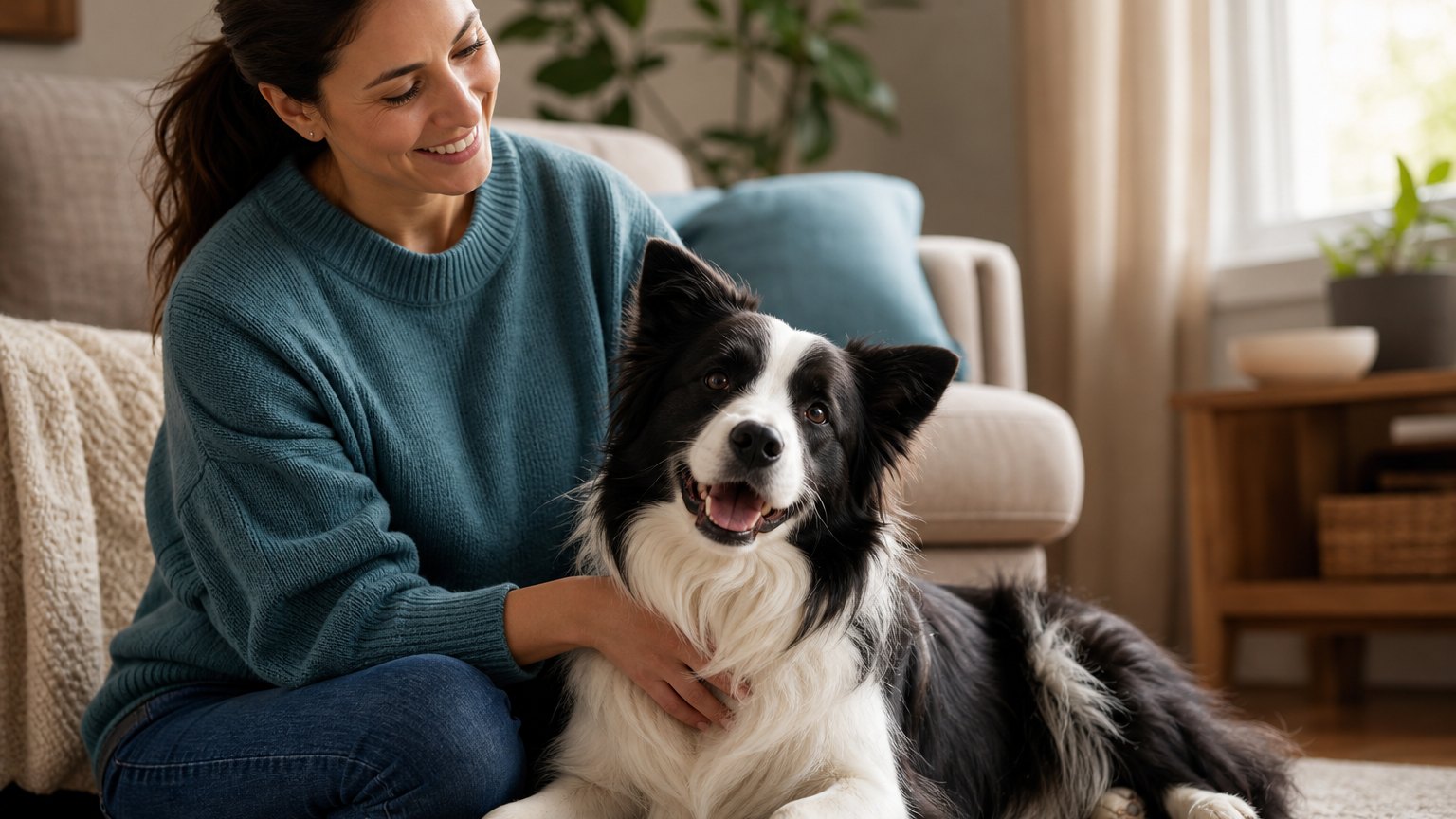 Content border collie leaning into its owner's hand indoors after a successful recovery.