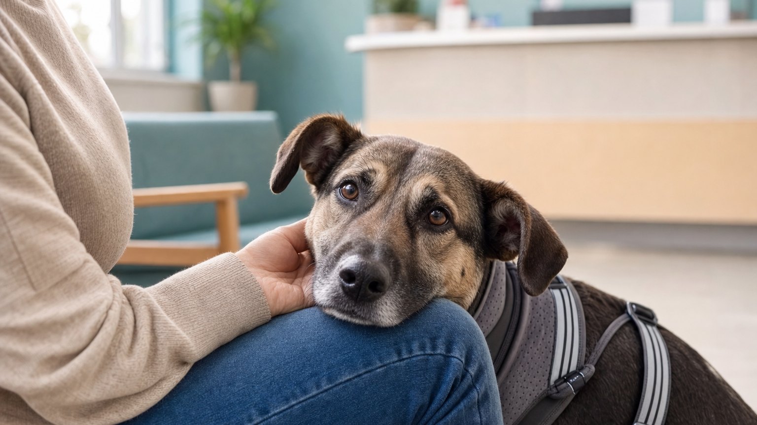 Worried dog resting its head on its owner's lap in a calm veterinary waiting room.