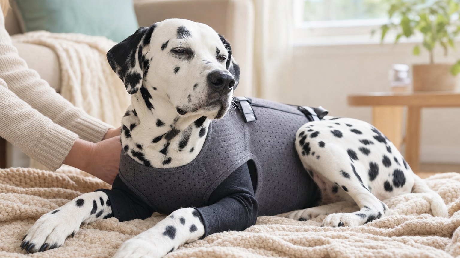 Calm dog in a fabric recovery suit resting on a blanket in a sunlit room during home recovery.