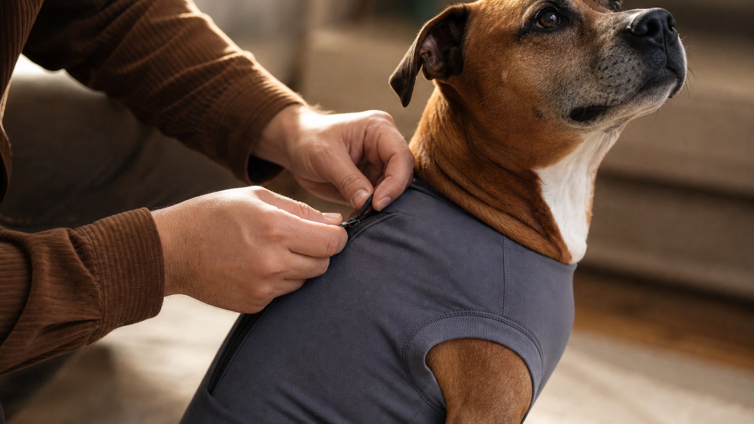 Owner adjusting the zip on a dog's recovery suit