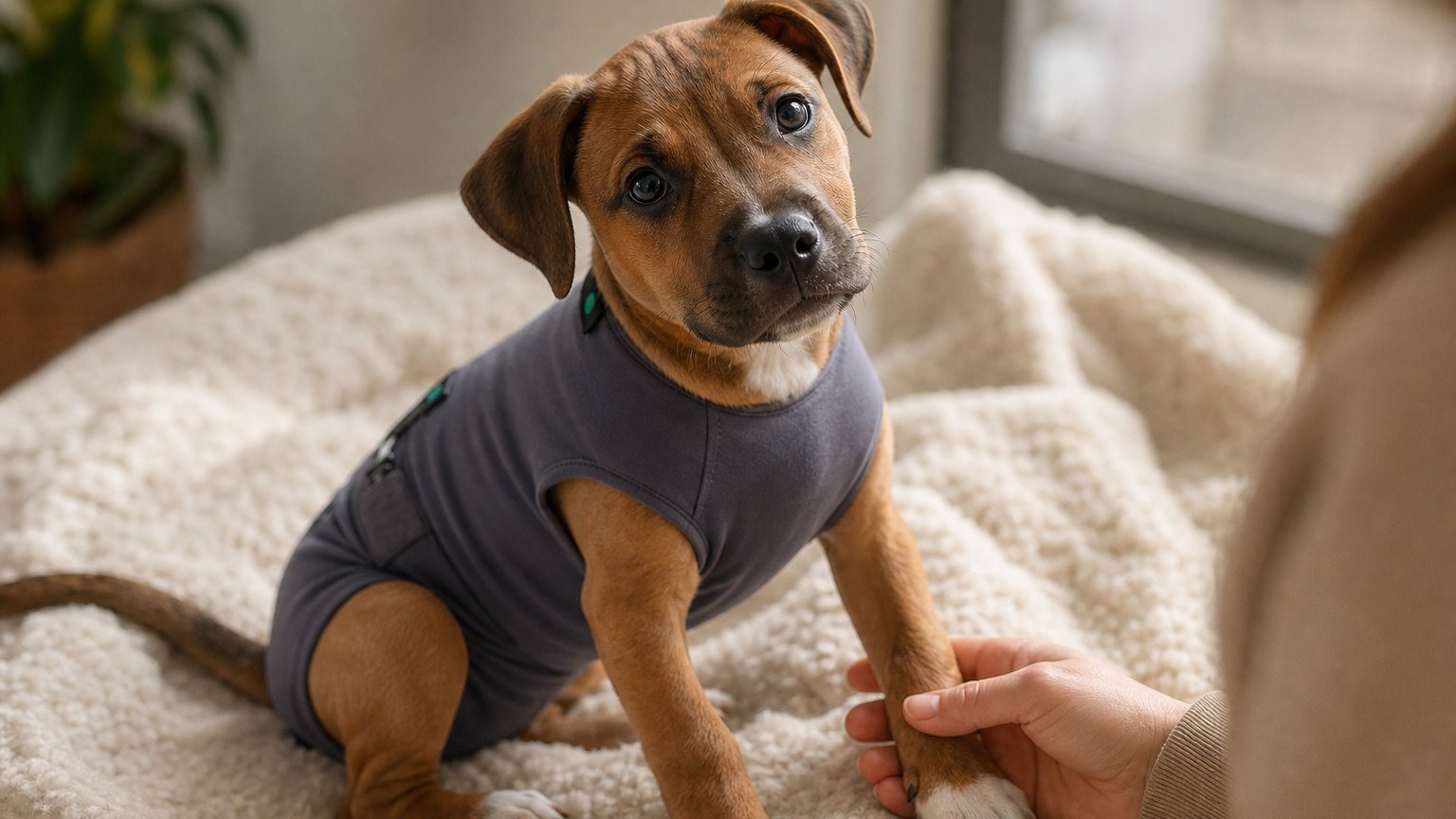 Puppy wearing a fabric recovery suit at home with owner nearby