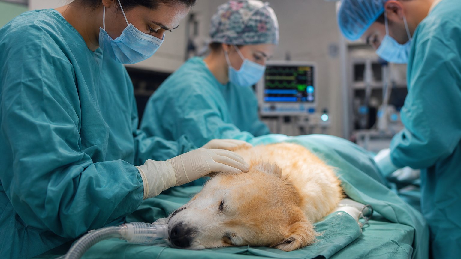 Veterinary team calmly monitoring an anaesthetised dog during surgery.