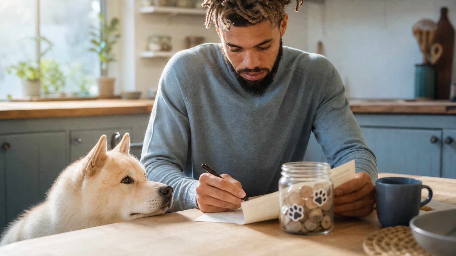 Owner reviewing pet insurance paperwork with a small dog nearby.