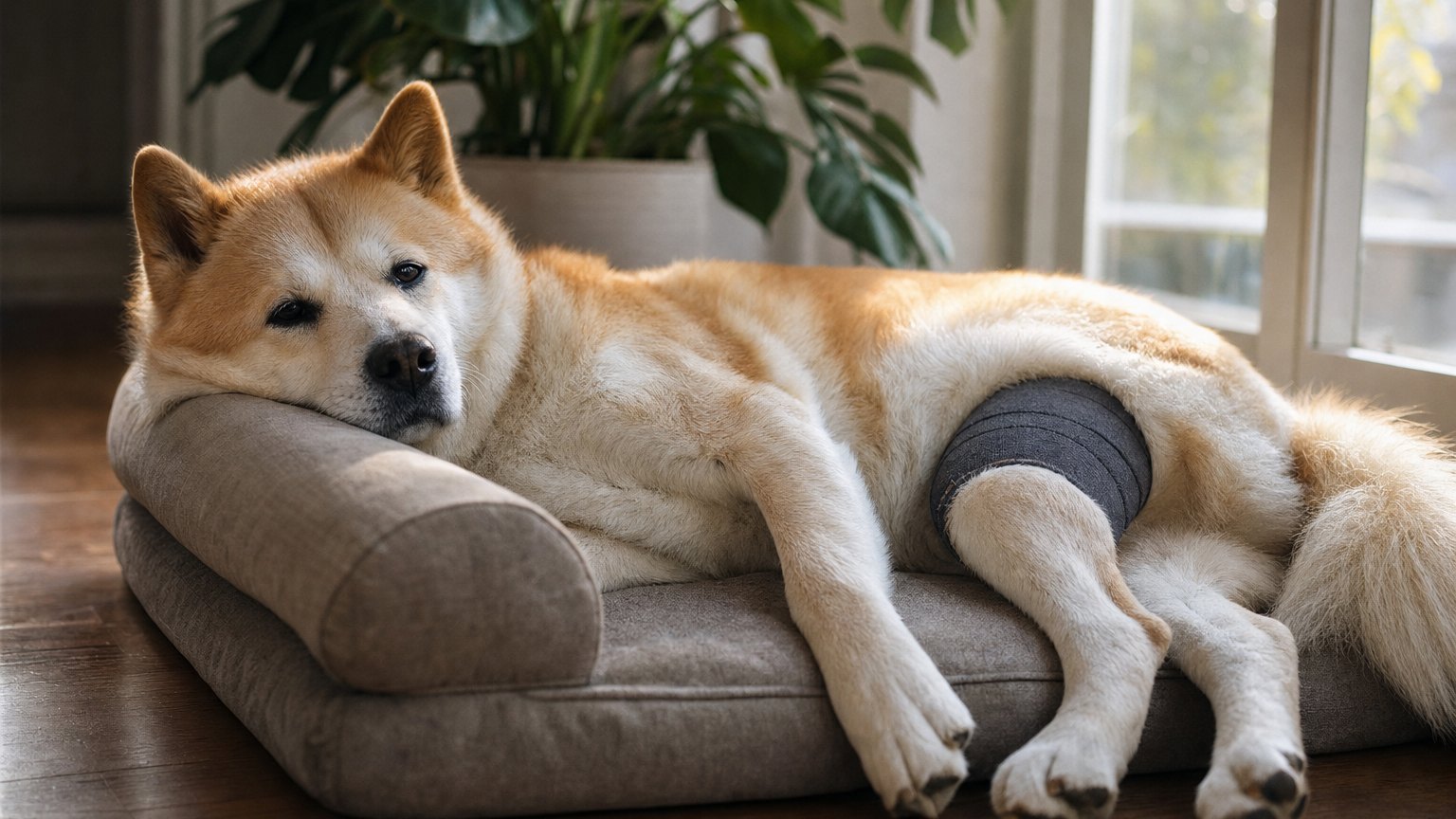 Dog resting at home during orthopaedic knee surgery recovery.