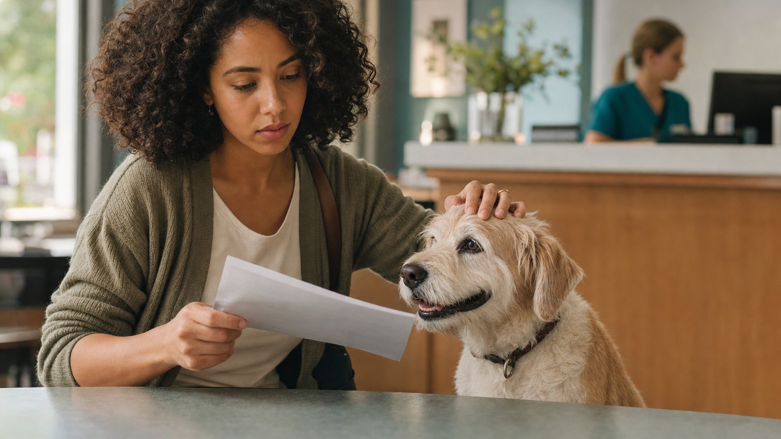 Owner reviewing a veterinary surgery cost estimate beside her calm dog.