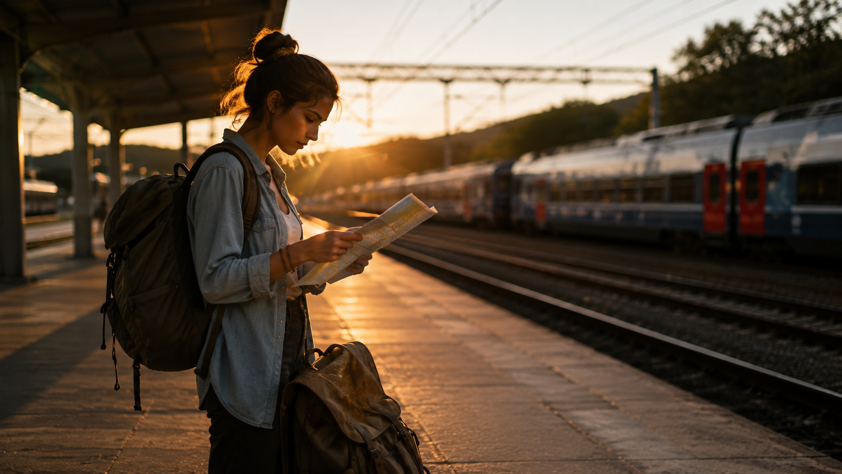 A young backpacker with a large rucksack reads a paper map on a European train platform at golden hour as a train arrives