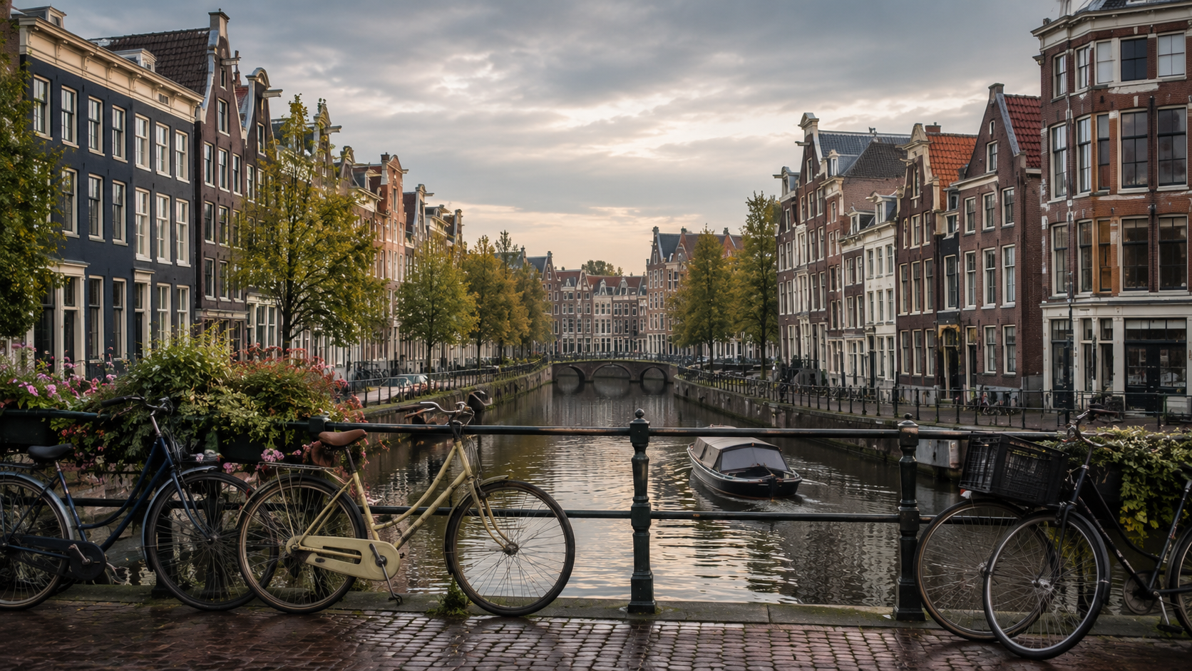 Bicycles leaning on a railing above an Amsterdam canal lined with historic canal houses at dusk
