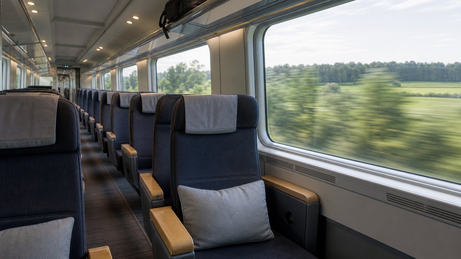 Interior of a European high-speed train carriage with countryside outside