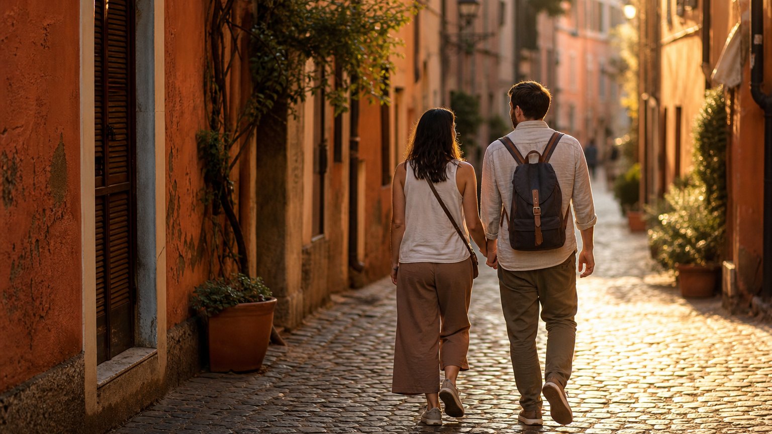 Couple walking together down a quiet cobbled European street