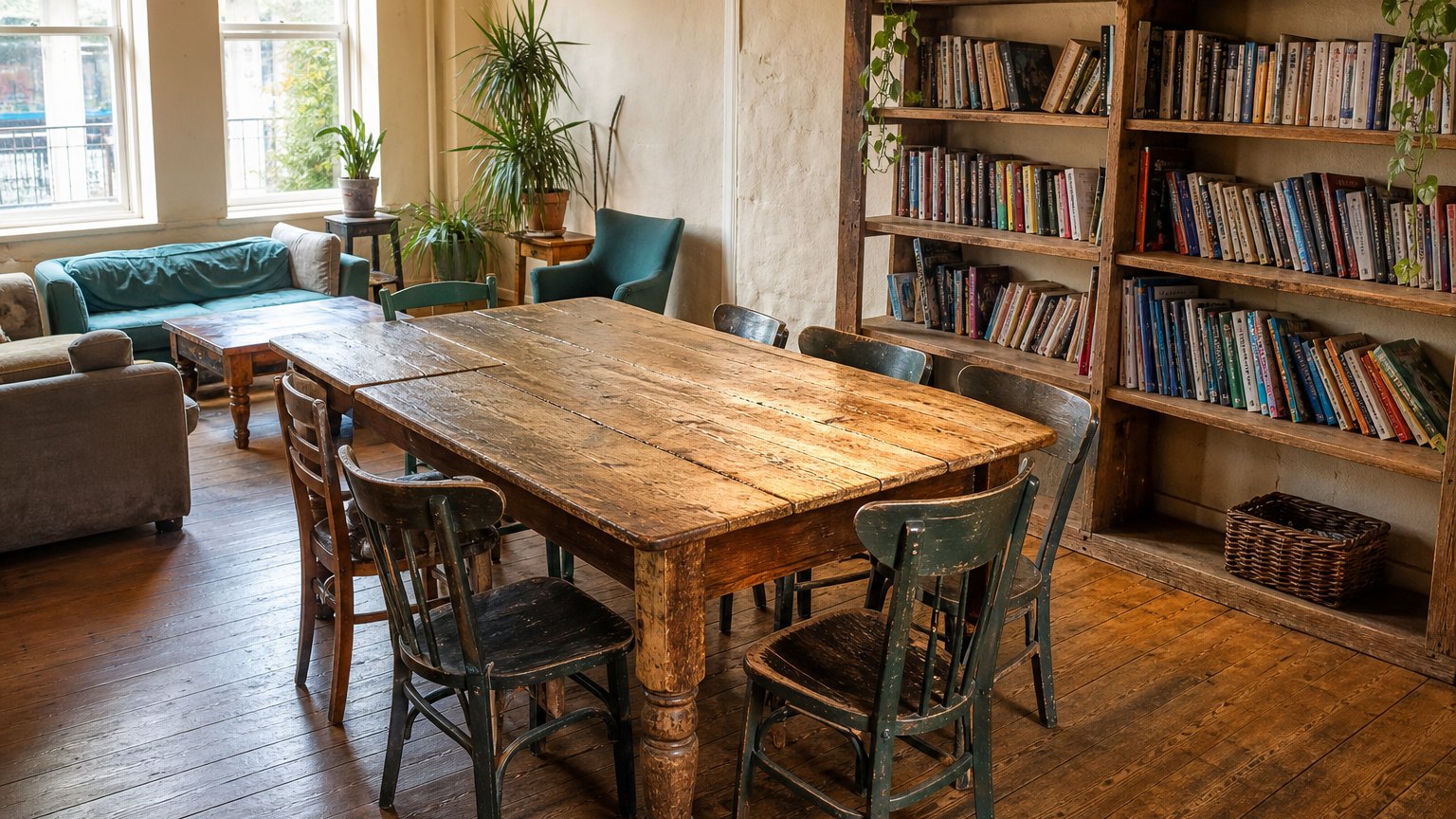 Bright shared common room in a budget European hostel