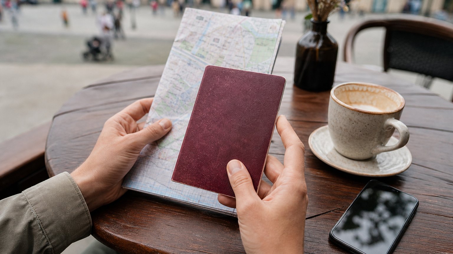 Traveller holding a passport and itinerary at an outdoor cafe table