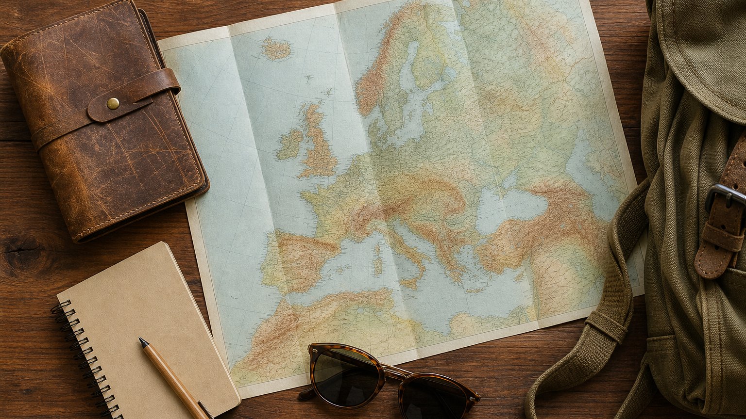 Overhead flat lay of a paper map, travel wallet, and backpack strap