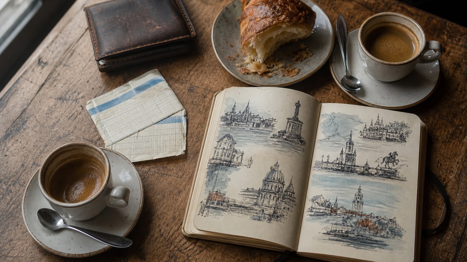 Flat lay of travel notebook, train ticket and coffee representing trip budgeting