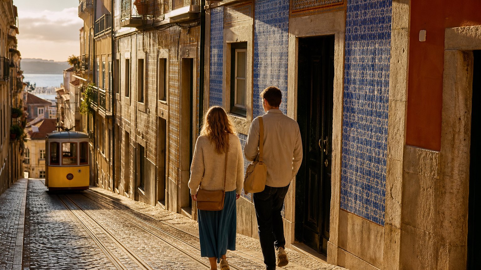 Couple walking down a tiled hillside street in a Lisbon-style neighbourhood