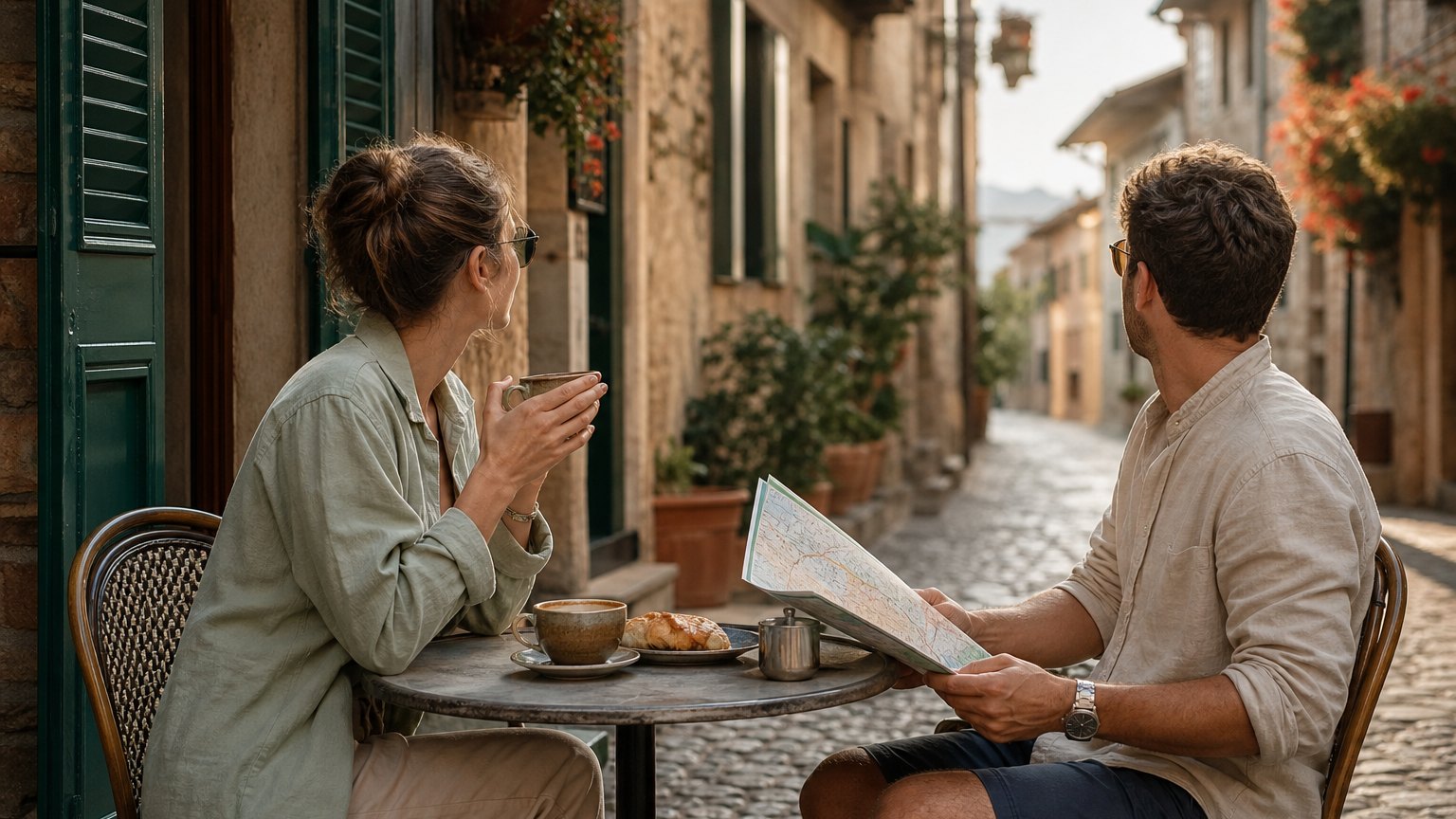 Couple planning a route at a European street cafe table in morning light