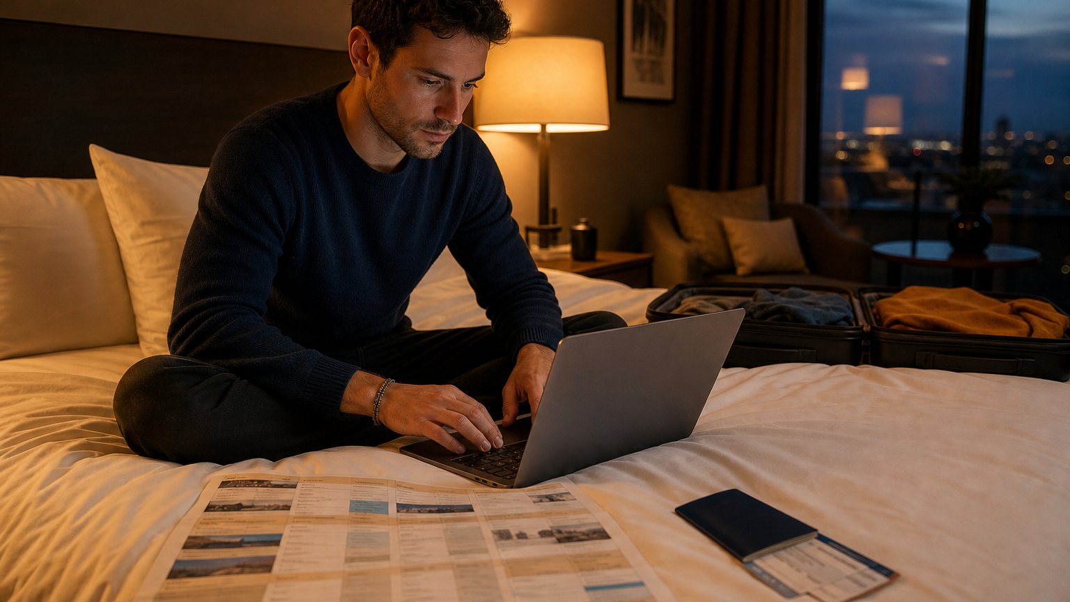 Traveller reviewing a printed itinerary and passport before a trip